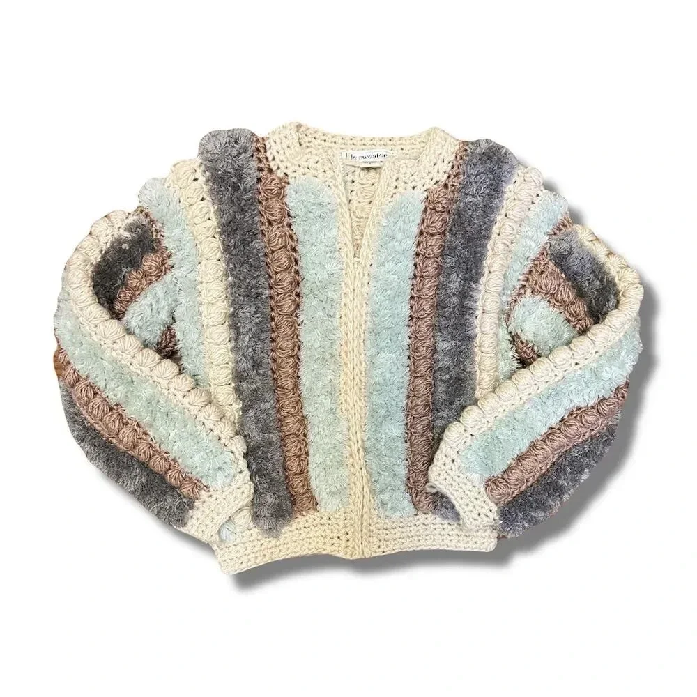 Vintage Le Sweater Women's S Striped Hand Knit Pom Pom Cardigan - Picture 4 of 7